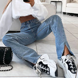 Women Casual High Waist Solid Straight Jeans Side Split Blue Denim Trousers Solid Streetwear Jeans Baggy Pants Pantalons Capris