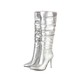 goosudu Silver gold knee high boots women pleated pointed toe thin high heels dres party shoes autumn winter long boots woman