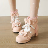 Sweet Bowknot Ruffles Med Heels Shoelace Gothic Lolita Style Ankle Boots Japanese Harajuku Women Shoes Big Size 43