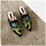 goosudu  Spring Women Slipper Embroidery Flower Sandal Shoes Slip On Pointed Toe Mules Low Heel Casual Slides Big Size 41