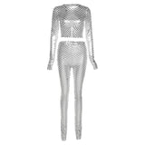 Goosudu  Sexy Hollow Out See Through Two Piece Set Sliver O-neck Long Sleeve Crop Top Leggings Streetwear Mesh Patchwork Women Outfits