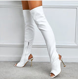 goosudu White Leather Thigh High Over The Knee Boots Sexy Open Toe Stripper Heels Booties Fashion Zip Motorcycle Shoes Women Pumps
