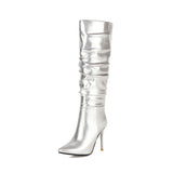 goosudu Silver gold knee high boots women pleated pointed toe thin high heels dres party shoes autumn winter long boots woman