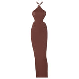 goosudu Ribbed Halter Hollow Out Backless Skinny Maxi Dress  Bodycon Sexy Streetwear Evening Party Club Elegant Clothing