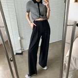 Summer Loose Casual Long Women Fashion Thin High Waist Pants Black Simple Wide-leg Pants Trousers Korean