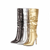 goosudu  Silver gold knee high boots women pleated pointed toe thin high heels dres party shoes autumn winter long boots woman