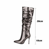 goosudu Silver gold knee high boots women pleated pointed toe thin high heels dres party shoes autumn winter long boots woman