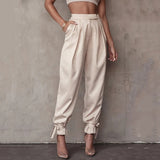 Goosudu  Satin Lace Up High Waist Harem Pants Zipper Women Autumn Pleated Loose Pockets Long Trousers Casual Office Ladies Pant