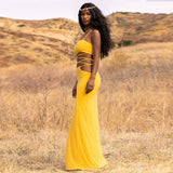 Strapless Crop Top and Long Dress Two Piece Set Yellow Women Summer Outfits Slit Party Club Vacation Beach Maxi Dress