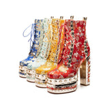 goosudu Women Ankle Boots Plant Flower Pattern Platform Zipper-Sid Lace-Up Ladies Shoes Crude Heel Metal Decoration Women Short Boots