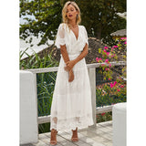 Hollow Out White Dress Sexy Women Long Lace Dress Cross Semi-Sheer Plunge V-Neck Short Sleeve Lace Maxi Dress