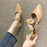 goosudu  Elegant Mules Women Closed Leather Casual Slippers Woman Metal Buckle High Heels Female Pointed Toe Shoes