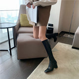 goosudu Fashion Women Sock Boots Elastic Stretch Boots Woman Square Toe Knee High Boots Side Zipper Square High Heels Black/Beige/Khaki