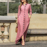 goosudu  Women Long Sleeve Long Maxi Dress Summer Vintage Checked Plaid Turn Down Neck Shirt Dresses Button Up Party Vestidos Robe