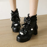 Sweet Bowknot Ruffles Med Heels Shoelace Gothic Lolita Style Ankle Boots Japanese Harajuku Women Shoes Big Size 43