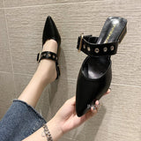 goosudu  Elegant Mules Women Closed Leather Casual Slippers Woman Metal Buckle High Heels Female Pointed Toe Shoes