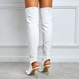 goosudu White Leather Thigh High Over The Knee Boots Sexy Open Toe Stripper Heels Booties Fashion Zip Motorcycle Shoes Women Pumps