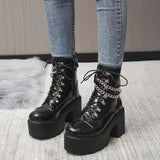 Winter Gothic Punk Womens Platform Boots Black Buckle Strap Zipper Creeper Wedges Shoes Mid Calf Military Combat Boots Women