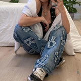 Patchwork Women's Jeans Y2K Streetwear Baggy Straight Cargo Pants Punk High Waist Wide Leg Denim Trousers 90s Vintage