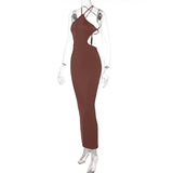 goosudu Ribbed Halter Hollow Out Backless Skinny Maxi Dress  Bodycon Sexy Streetwear Evening Party Club Elegant Clothing