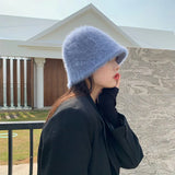 Hat winter women's fashion Solid color rabbit fur hat bucket cap  fisherman's hat retro knitted wool basin Bucket Hat