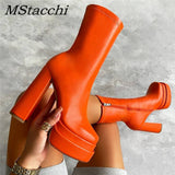 Sexy Chunky High Heels Ankle Shoes For Women Punk Style Zipper Thick Platform Elasticity Microfiber Boots Sapatos Femininos