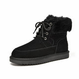 goosudu Snow Boots Women Cow Suede Leather Lace Up Ankle Boots Warm Wool Ladies Winter Fur Shoes Handmade