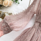 Women Mesh Lace Crochet Dresses V-neck Elegant Prom Puff Sleeves Dress Women Summer Dot Prom Party Sexy Slim Swing Long Dress