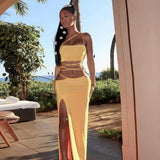 Strapless Crop Top and Long Dress Two Piece Set Yellow Women Summer Outfits Slit Party Club Vacation Beach Maxi Dress