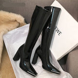 goosudu Kendall style Women motorcyle boots Fashion Square toe Knee high boots Autumn Winter Warm patent leather High heels boots shoes