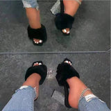 goosudu Woman Fur Sandals Ladies INS Plush High Thick Heels Fashion Sexy Bling Women Summer Shoes Plus Size  Lady Open Toe Footwear Pump