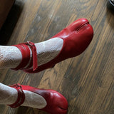 goosudu Vintage Spring Fashion Slipt Toe Women Pumps Chunky Round Strap Buckle High Heels Red Leather Brand Design Shoes Women