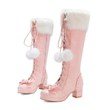 Lolita High Boots Winter Warm Fur Neck Girls Cosplay Party JK Princess Shoes Lace Up Bowtie Chunky Heel Side Zipper PU Leather