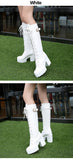 goosudu Hot Sale Spring Autumn Lacing Knee High Boots Women Fashion White Square Heel Woman Leather Shoes Winter PU Large Size 43