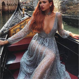 Silver Sexy Party Dress Hot Sequined Dress Women Mesh Overlay Maxi Dress Summer Backless Long Sleeve V-neck Dress Vestidos