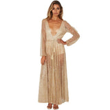 Silver Sexy Party Dress Hot Sequined Dress Women Mesh Overlay Maxi Dress Summer Backless Long Sleeve V-neck Dress Vestidos