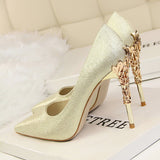 goosudu  Metal Carved Wedding Bridal High Heels Solid Silk Shoes Pointed Toe Shallow Women Pumps Ladies Elegant High Heels 10cm