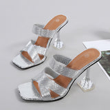 Silver Snake Print Womens Slippers Sandals Fashion Square Toe Transparent Strange Heels Mules Party Shoes Female Size 34-46