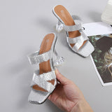 Silver Snake Print Womens Slippers Sandals Fashion Square Toe Transparent Strange Heels Mules Party Shoes Female Size 34-46