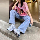 Women's Jeans Vintage Heart Shaped Embroidery Streetwear High Waist Wide Leg Pants Baggy Harajuku Straight Denim Trouser