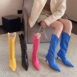 goosudu Pointed Toe Women Chelsea Booties Thin High Heels Shoes Yellow/Blue/Black/Pink Knee High Boots Knight Booties Slip On Booties