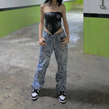 Patchwork Women's Jeans Y2K Streetwear Baggy Straight Cargo Pants Punk High Waist Wide Leg Denim Trousers 90s Vintage