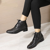 goosudu  Mona flying Womens Genuine Leather Wingtips Boots Ankle Heels Fashion Lace up Booties with Low Heel For women Ladies