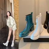 Classic Front Zipper Cow Patent Leather Women Ankle Boots Platform Thick High Heel Shoes Women Female Riding Boots Autumn Winter