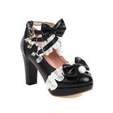 Super High Heeled Sweet Lolita Gothic Style Cosplay Shoes Girls Lovely Bow Tie Fur Ball Women Pumps Lace Cross Strap
