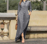 goosudu  Women Long Sleeve Long Maxi Dress Summer Vintage Checked Plaid Turn Down Neck Shirt Dresses Button Up Party Vestidos Robe