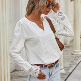 Goosudu  Autumn Elegant Office Lady Spring White Tops Women's Lace Patchwork Long Sleeved V-neck Slim Shirt Ladies Fashion Casual Blouse