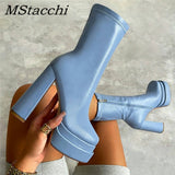 Sexy Chunky High Heels Ankle Shoes For Women Punk Style Zipper Thick Platform Elasticity Microfiber Boots Sapatos Femininos