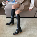 goosudu Fashion Women Sock Boots Elastic Stretch Boots Woman Square Toe Knee High Boots Side Zipper Square High Heels Black/Beige/Khaki