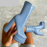 Sexy Chunky High Heels Ankle Shoes For Women Punk Style Zipper Thick Platform Elasticity Microfiber Boots Sapatos Femininos